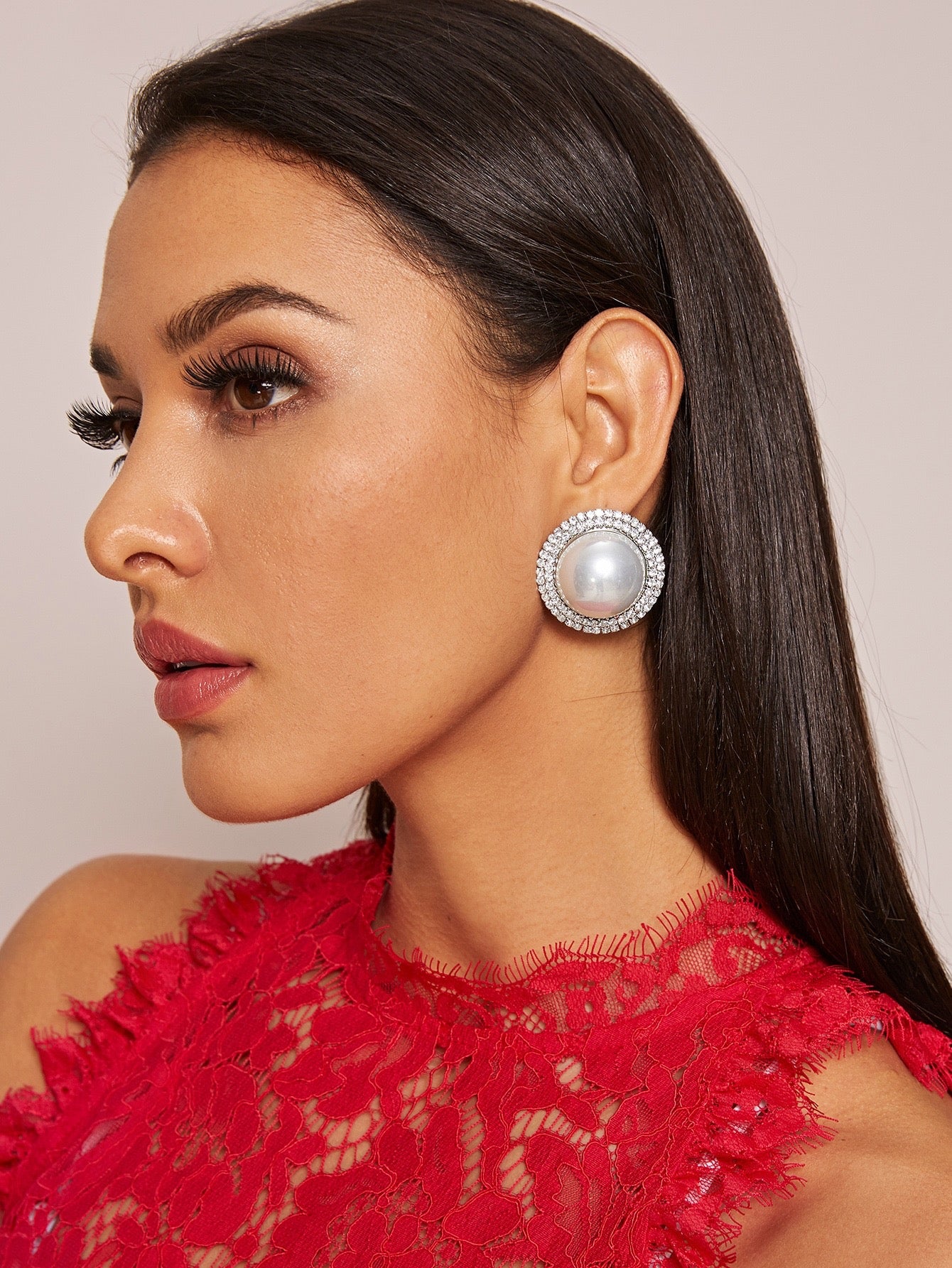 Fabulous Woman Rhinestone Big Pearl Stud Earrings